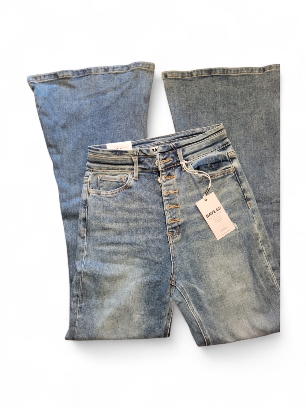 BAYEAS Women's Light Wash Button-Fly Flare Jeans